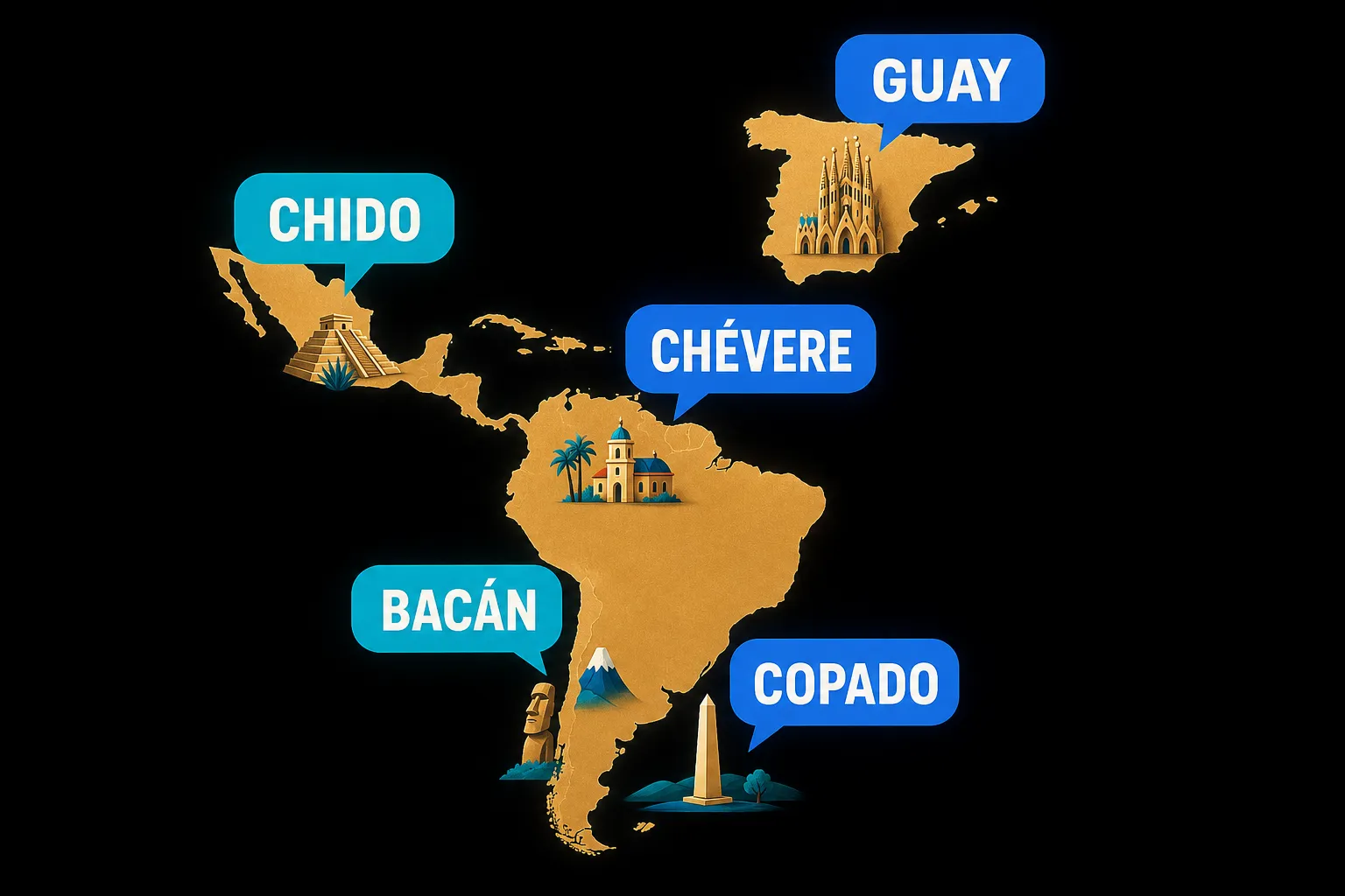 Map of the Spanish-speaking world with speech bubbles showing which word for cool is used in each region