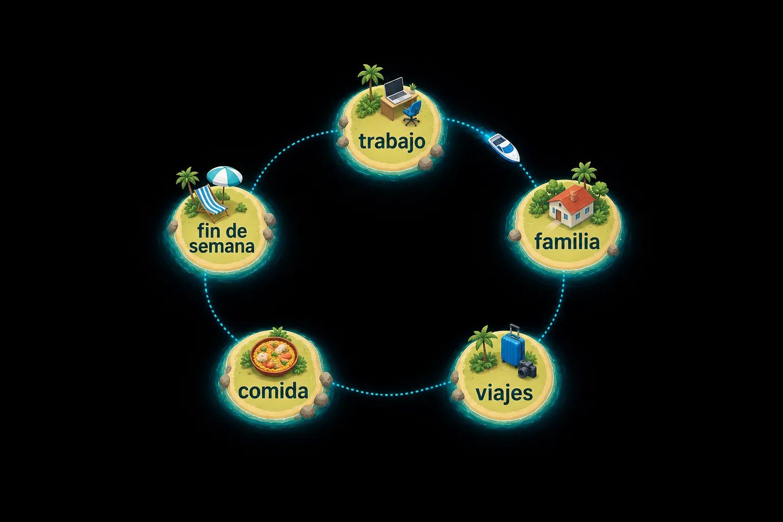 Five small islands on a map, each labeled with a Spanish conversation topic, connected by a dotted route