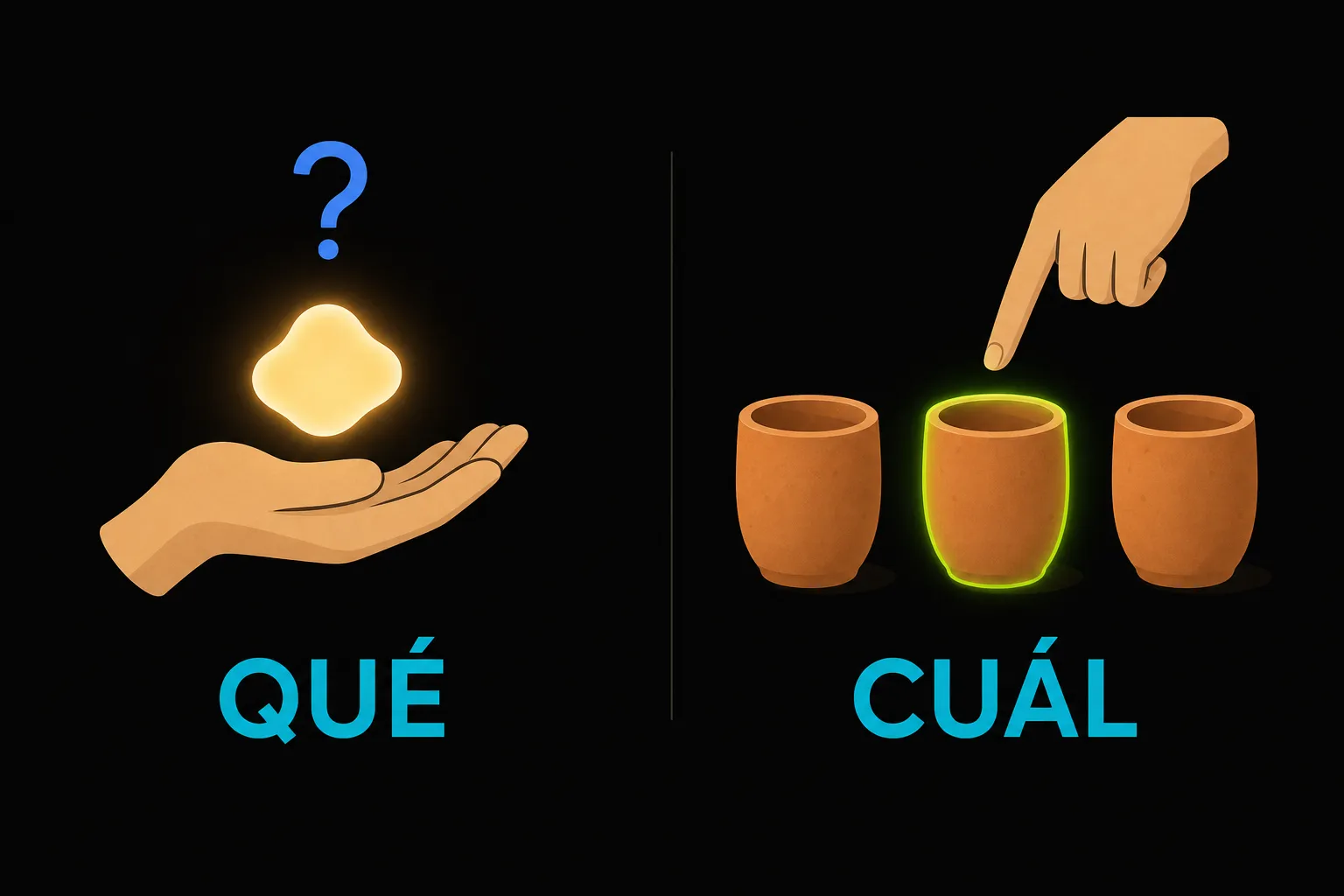Left: a hand holding one unknown object labeled qué. Right: a finger picking one of three cups labeled cuál.