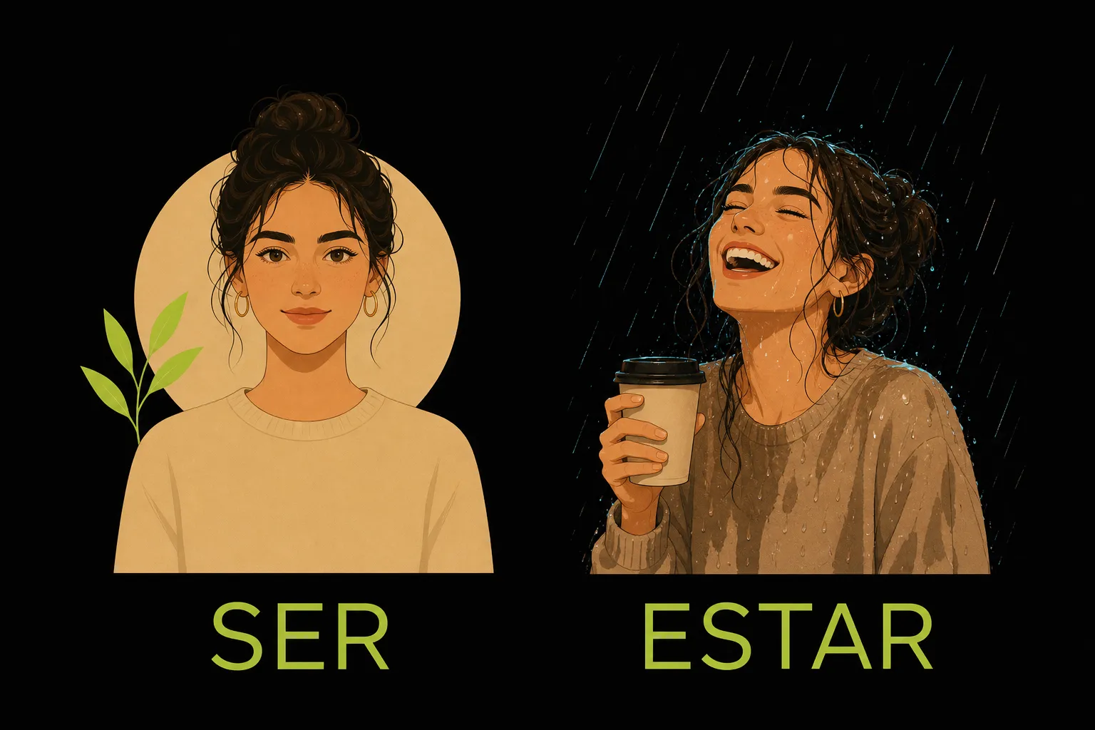 The same woman shown twice, once as a neutral ID portrait labeled SER and once soaked in rain labeled ESTAR