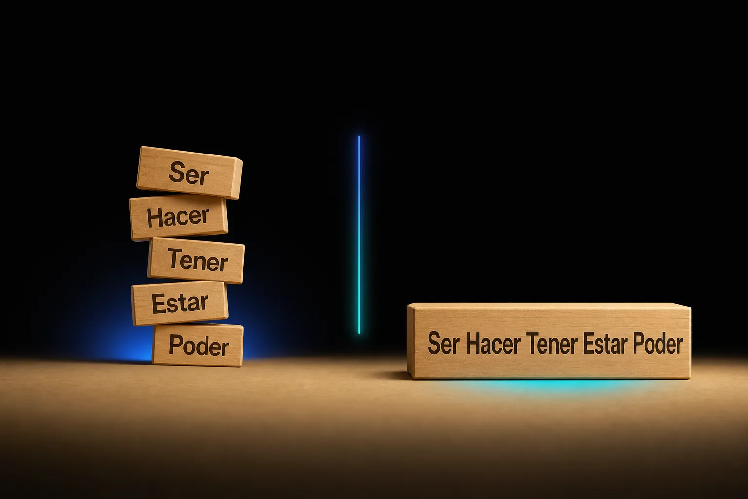 Five loose word blocks on the left versus one solid phrase block on the right