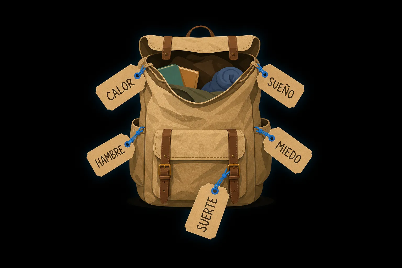 A backpack with luggage tags labeled calor, hambre, sueño, miedo and suerte