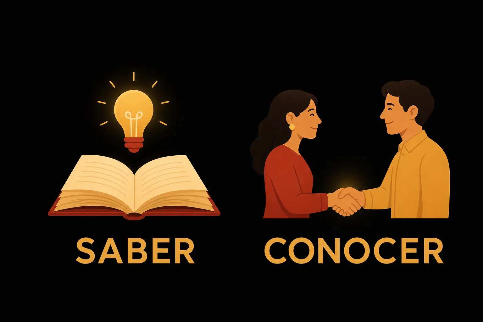 Split illustration contrasting saber for facts with conocer for people